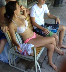 Cute And Skinny Candid Girl Sitting on a Bench in a Swimsuits Creepshots