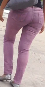 Black babe with a nice ass in tight jeans and vpl