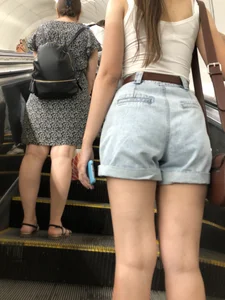 Little Sexy Booty in Denim Shorts And Juicy Skinny Legs - Candid Girl on a Subway Escalator Creepshots Series