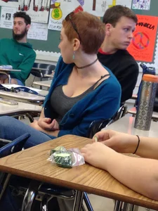 Cute Redhead With Short Haircut And Big Boobs College Classroom Photo