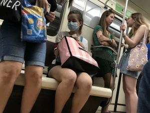 Subway Candid Girl in a Mask And Shorts - Long Sexy Legs With a Mole Train Creepshots