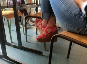 Girl’s Feet in Red Platform Sandals Creepshot