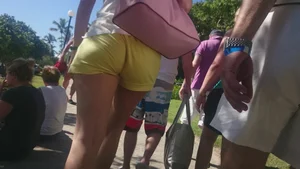 Milf in yellow shorts with vpl and a wedgie