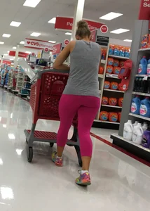 Blondes great ass in pink leggings shopping at Target