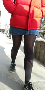Girl out in denim skirt and tight stockings with nice legs