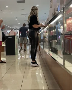 Pretty blonde pawg in black leather leggings