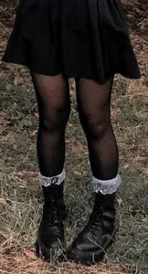 Candid Teen Girl's Legs in Black Pantyhose - Skirt, Boots And Lacey Socks, Creepshot at the Park