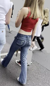 Cute blonde tight jeans red croptop