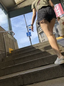 Candid Girl in Mini Shorts With Skinny Hot Legs and Booty Walking Up the Stairs Creepshots Gallery