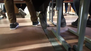 College Teen's Legs in Dark Pantyhose And Feet in Flats Classroom Under Desk Creepshots