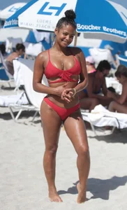 Christina Milian in red bikini in Miami with hard nipples