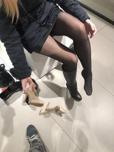 Woman in Black Pantyhose Changing Shoes Candid Closeup