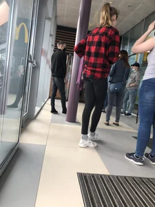 Cute Teen in Tights and Checkered Shirt Mall Creepshot