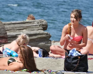 Group of sexy girls in bikinis at the beach