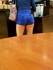 Hot Booty in Blue Mini Shorts at the Coffeeshop Creepshot