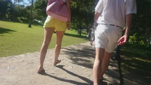 Milf in yellow shorts with vpl and a wedgie