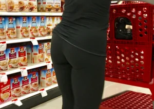 Ponytail brunette at Target in leggings with an athletic round ass