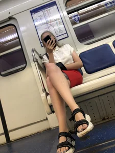 Girl in Sandals and Red Skirt With a Tattoo on Her Leg Hot Subway Train Creepshots