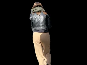 Candid girl in a leather jacket and pants with VPL street creepshots