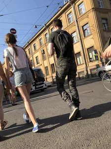 Skinny Legs in Denim Shorts City Street Candid Pics