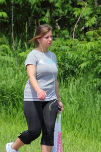 Thick girl out walking in black leggings