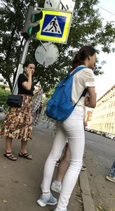 Girl with Hot Skinny Legs in Tight White Jeans at the Crosswalk Street Candid