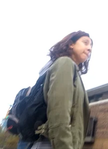 College girl in striped leggings walking with nice ass