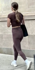 Sporty teen in brown tight yoga pants