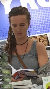 Tatted Fit slim brunette beauty at the market