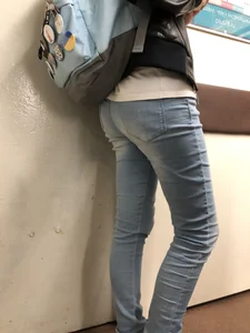 Skinny Legs in Tight Jeans and Leather Jacket Subway Train Candid