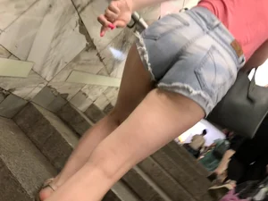 Gorgeous Legs And Butt in Denim Shorts And Feet in Sandals - Creepshots Gallery in a Subway Train and on an Escalator