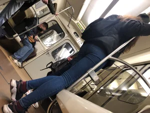 Nice Thin Legs and Small Booty in Blue Tight Jeans in the Subway Train Candid Pics