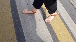 Feet in Sandals Closeups - Girl at the Crosswalk Street Creepshots