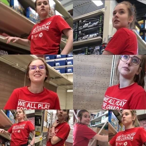 Sexy Canadian employee with glasses in tight leggings showing her awesome ass