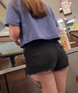 OC. Petite brunette with big round ass (slight cheek peek)