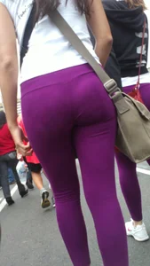 Girl out with a friend in purple leggings with a nice ass and slight vtl