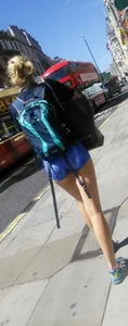 Blonde babe walking in blue spandex shorts