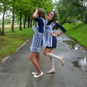 Hot Skinny Teens in a Park - Cute Uniform Dresses