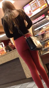 Red leggings at dunkin