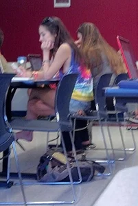 College girl in class showing sideboob with no bra on