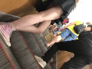 Thin Sexy Legs in a Skirt And Pink Sneakers - Candid Girl Escalator Subway Creepshots