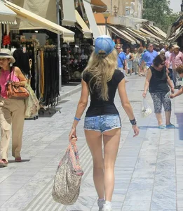 Blonde in Denim Mini Shorts Walking Down the Street - City Candid