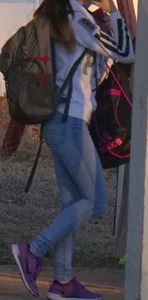 Girl next door teen walking to car in various tight jeans