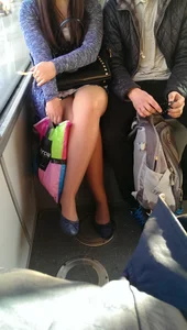 Crossed Candid Legs in Pantyhose in a Public Train Closeup Creepshot