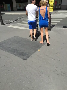 Blonde milf in tiny blue skirt with vpl
