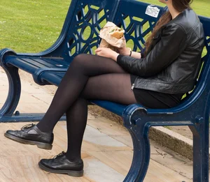 Park Candid Girl with Skinny Hot Legs in Black Pantyhose