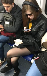 Girl in Sunglasses with Hot Legs in Black Pantyhose Subway Train Creepshot