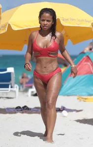 Christina Milian in red bikini in Miami with hard nipples