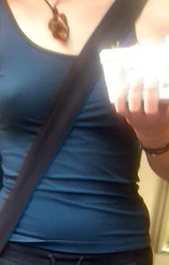 Braless babe in tank top with puffy pokies