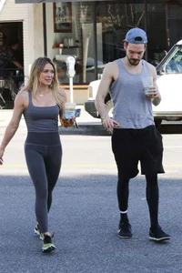 Hilary Duff in grey tights leaving Alfreds Coffee in Studio City
